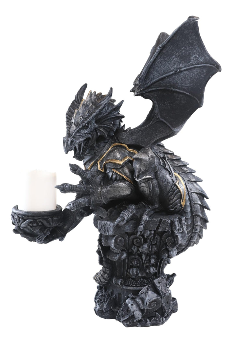 Large Rune Armored Dragon On Pedestal Tea Light Candle Holder Statue Figurine