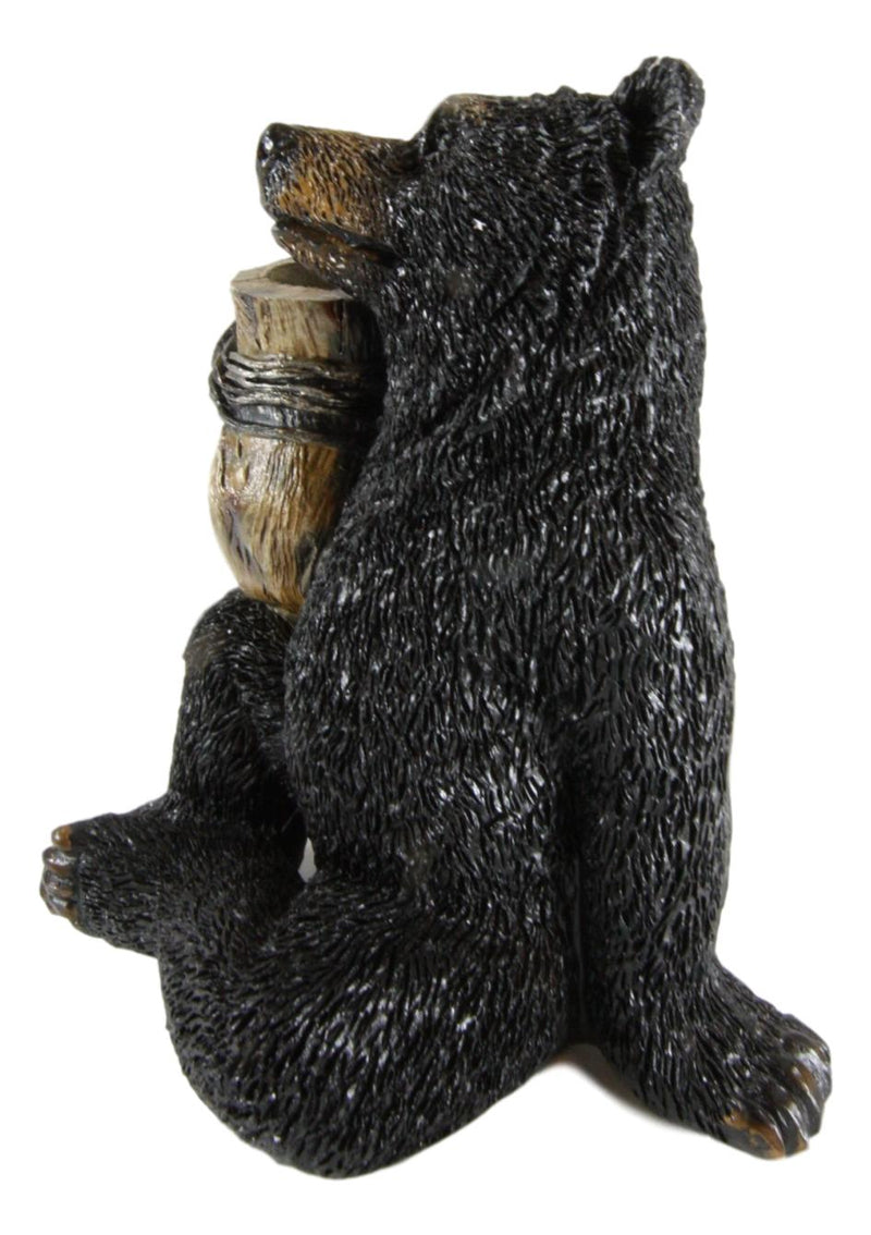 Ebros Woodlands Forest Black Bear Sitting With Wooden Barrel Toothpick Holder Figurine