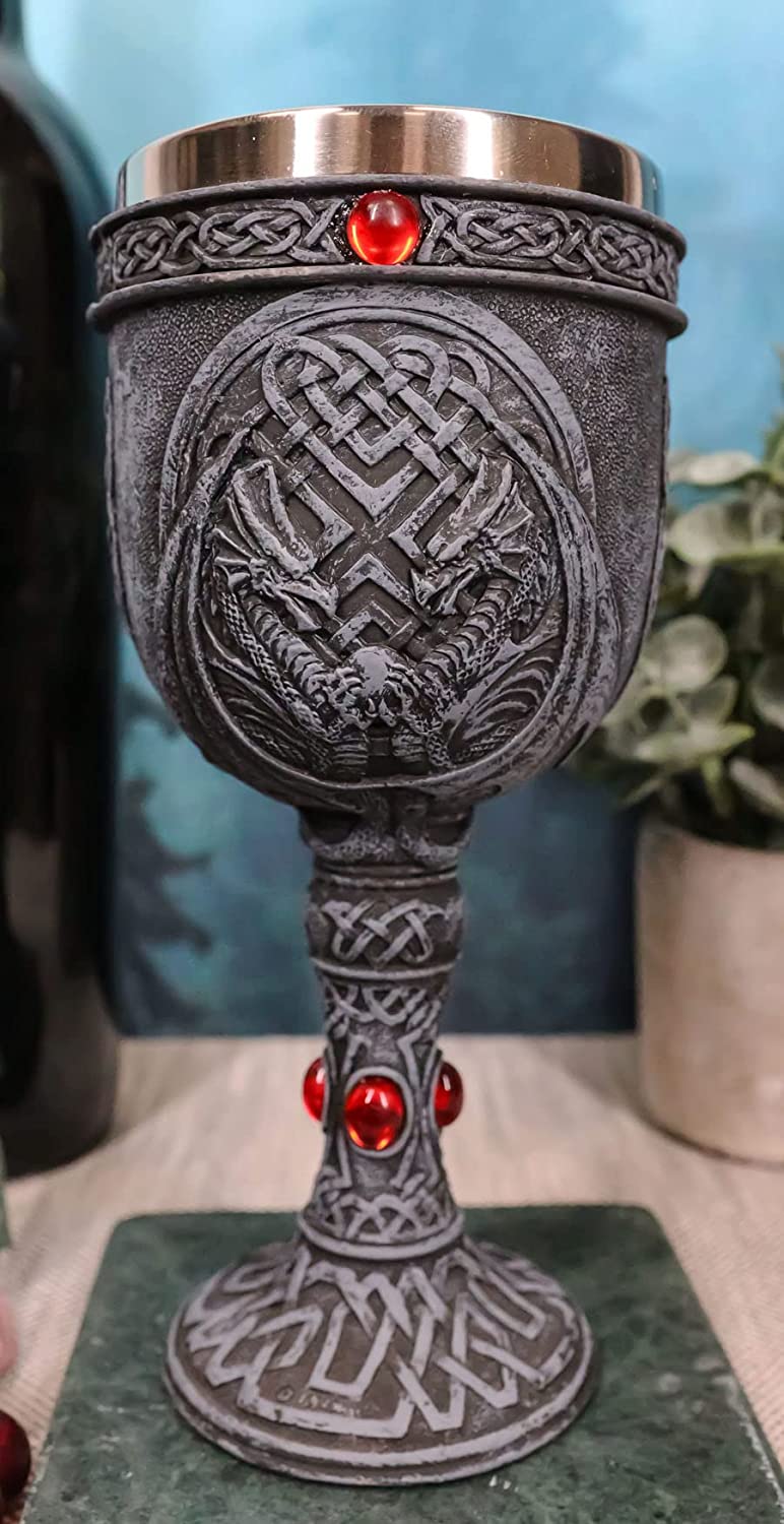 Set of 4 Celtic Dual Winged Dragon Wine Goblet Chalice Resin & Stainless Steel