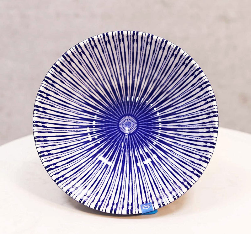 Pack Of 6 Artistic Blue Geometric Stripes Rice Soup Salad Ceramic Bowls 14oz