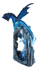 Ebros 20"H Blue Frozen Dragon On Cavern With Wyrmling By Ice Stalagmite Statue