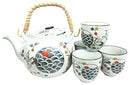 Japanese Design White Stork Bird Flight Ceramic Tea Pot and Cups Set Serves 4