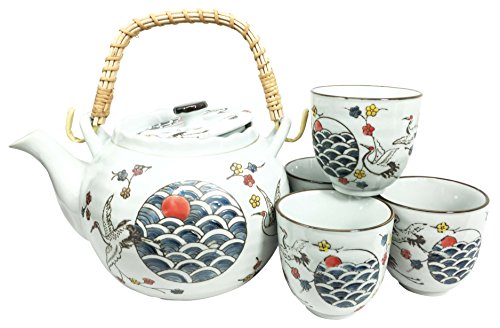 Japanese Design White Stork Bird Flight Ceramic Tea Pot and Cups Set Serves 4