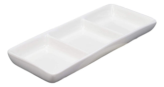 Ebros Contemporary White Porcelain Condiments Ketchup BBQ Soy Sauce Dipping Bowl or Dish With Dividers 3 Partition Compartments Pack of 6