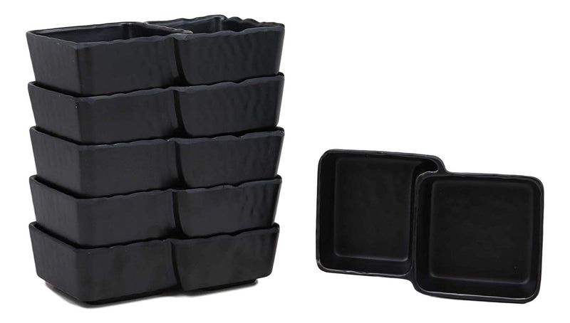 Ebros Black Melamine Traditional Design Condiments Ketchup BBQ Soy Sauce Dipping Bowl or Dish With Divider 2 Compartments Set of 6 Housewarming Gifts For Sushi Asian Dining Restaurant Supply