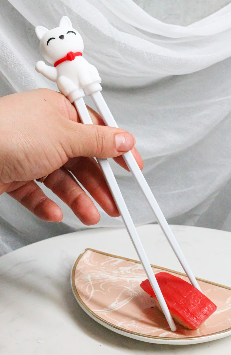 Ebros White Maneki Neko Reusable Training Chopsticks Set With Silicone Helper