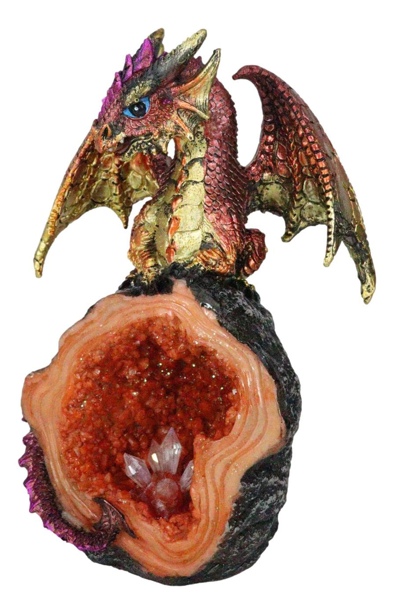 Metallic Red Iridescent Dragon On Faux Geode Rock Quartz Crystal Cove Figurine
