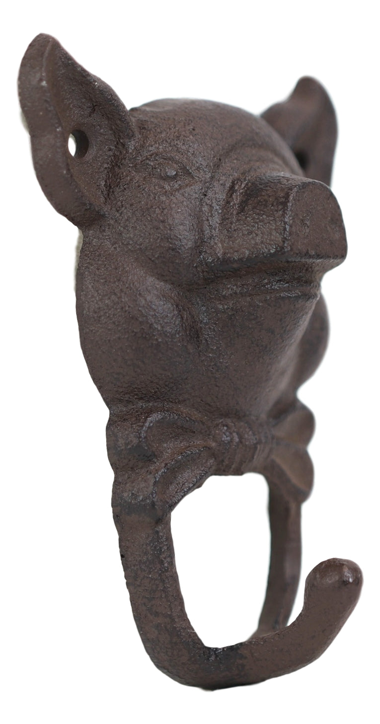 Cast Iron Vintage Farmhouse Rustic Butler Pig Head with Bowtie Wall Coat Hook