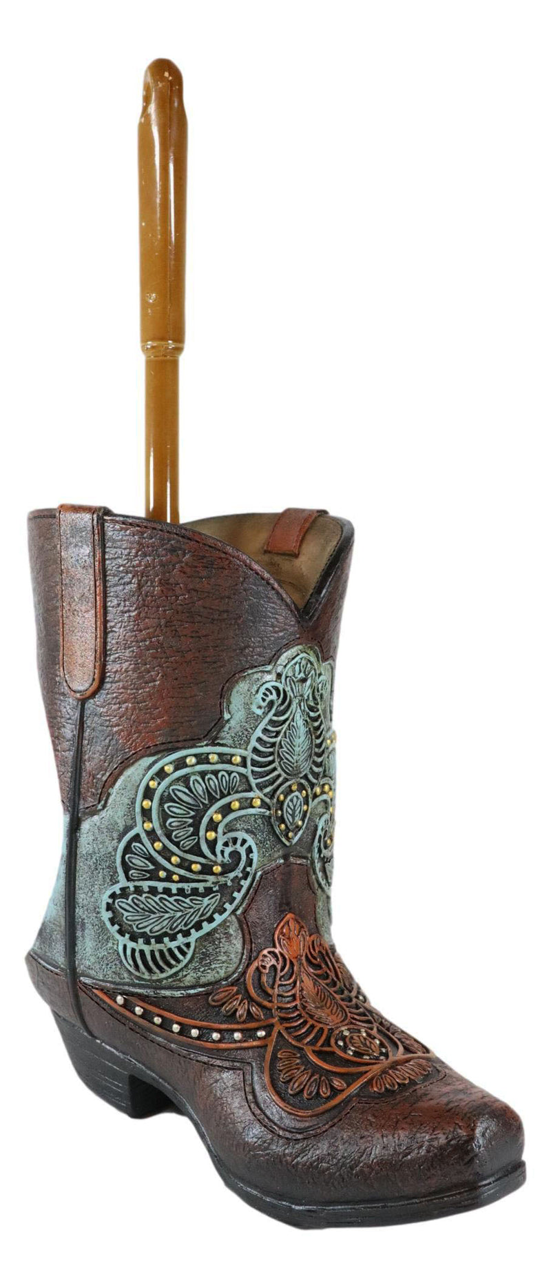 Western Turquoise Floral Tooled Leather Cowboy Boot Toilet Brush And Holder Set