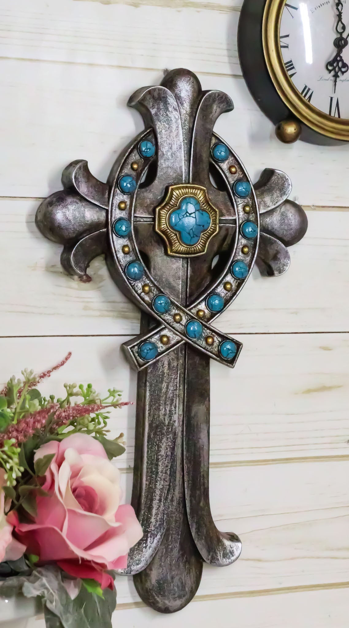 Rustic Silver Finish Fleur De Lis Greek Ichthys Christ Fish Turquoise Wall Cross