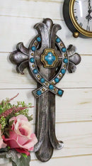 Rustic Silver Finish Fleur De Lis Greek Ichthys Christ Fish Turquoise Wall Cross