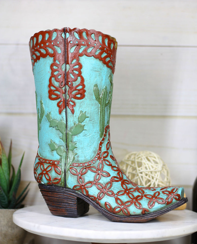 Rustic Southwestern Desert Cactus And Floral Scroll Cowboy Boot Figurine Or Vase