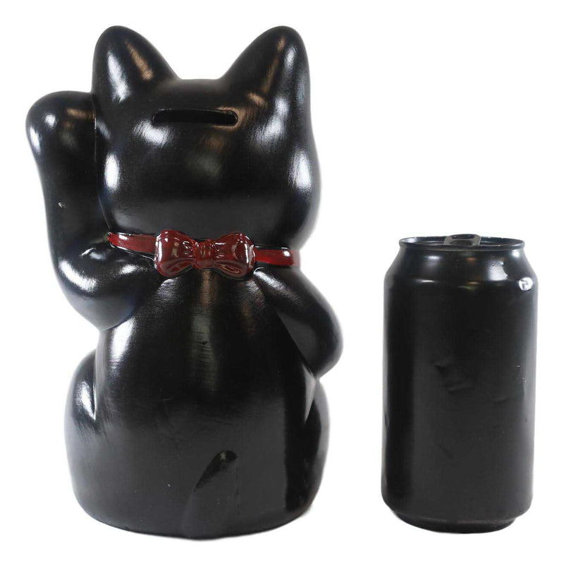 Japanese Lucky Charm Black Beckoning Cat Maneki Neko Money Bank Figurine 8.5"H