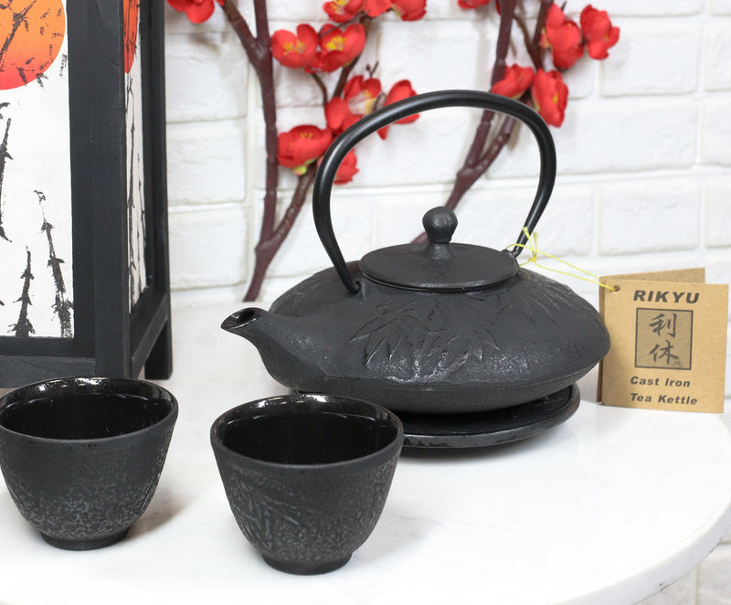 Ebros Japanese Forest Black Heavy Cast Iron Tea Pot Set With Trivet and Cups Set