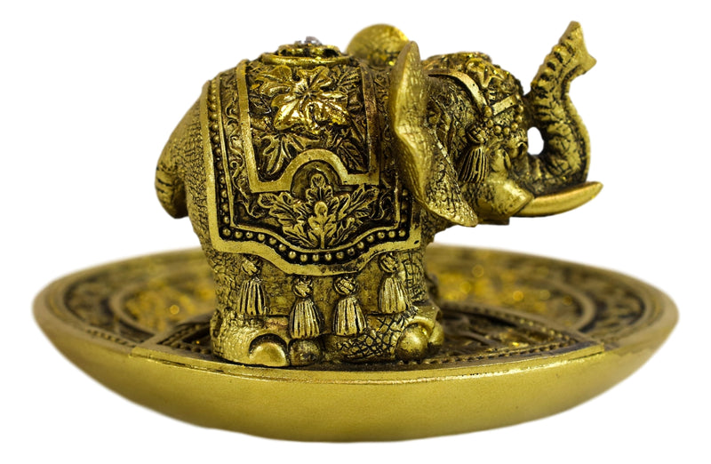 Feng Shui Golden Elephant With Trunk Up Lotus Padma Incense Burner Dish Figurine