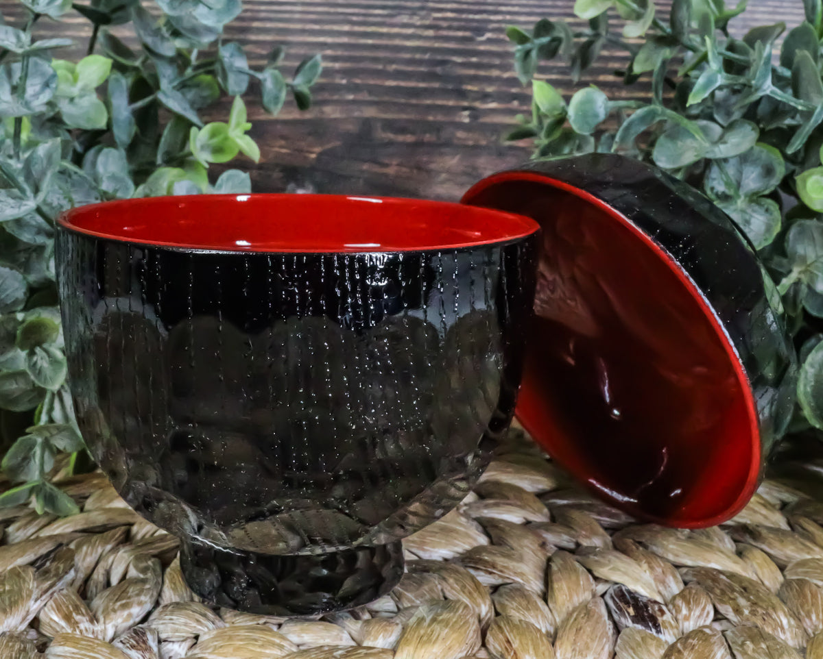 Made In Japan Honeycomb Ridged Black Red Lacquer Plastic Bowl With Lid Set of 6