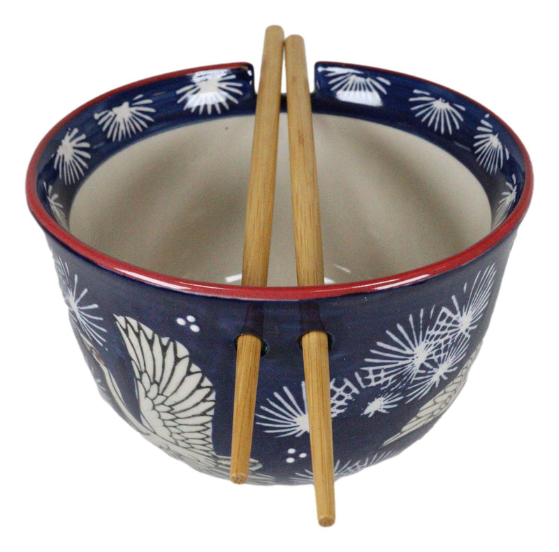 Japanese White Storks In Dark Blue Sky Ramen Soup Bowl With Chopsticks Set