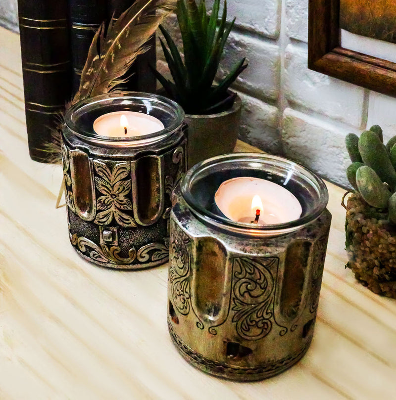 Set of 2 Rustic Western Pistol Bullet Barrel Votive Tea Light Candle Holders