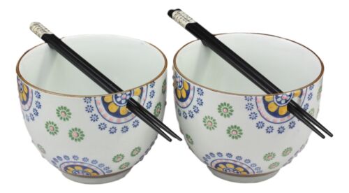 Ebros Japanese Design Ceramic Spring Flowers Ramen Noodles Bowl & Chopsticks Set of 2
