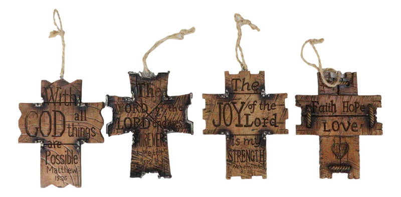 Set Of 4 Rustic Christian Bible Verses Faux Wood Christmas Tree Cross Ornaments