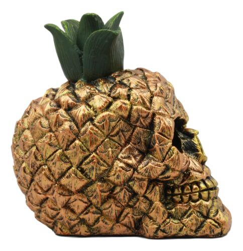 Hawaiian Tropical Pineapple Golden Skull Figurine 6"Tall Fruity Skeleton Head