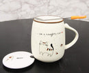Ebros Whimsical Naughty Calico Kitty Cat Porcelain Coffee Tea Mug Drink Cup With Paw Handle Spoon And Hello Greeting Paw Print Lid 16oz Kittens Or Cats Mugs For Kids and Adults