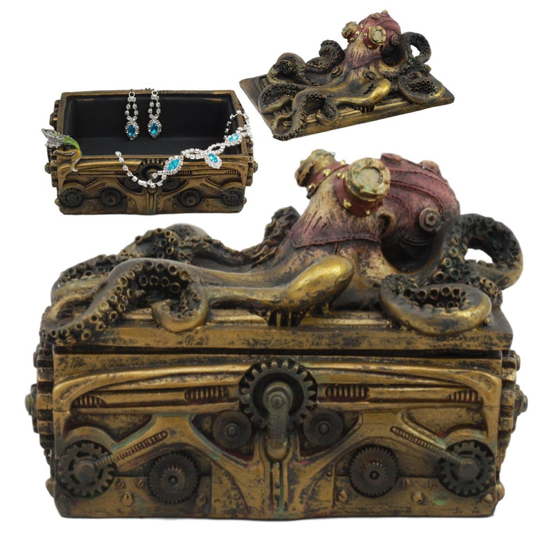Ebros Steampunk Octopus Kraken Soldier On Pirate Treasure Chest Jewelry Box Figurine