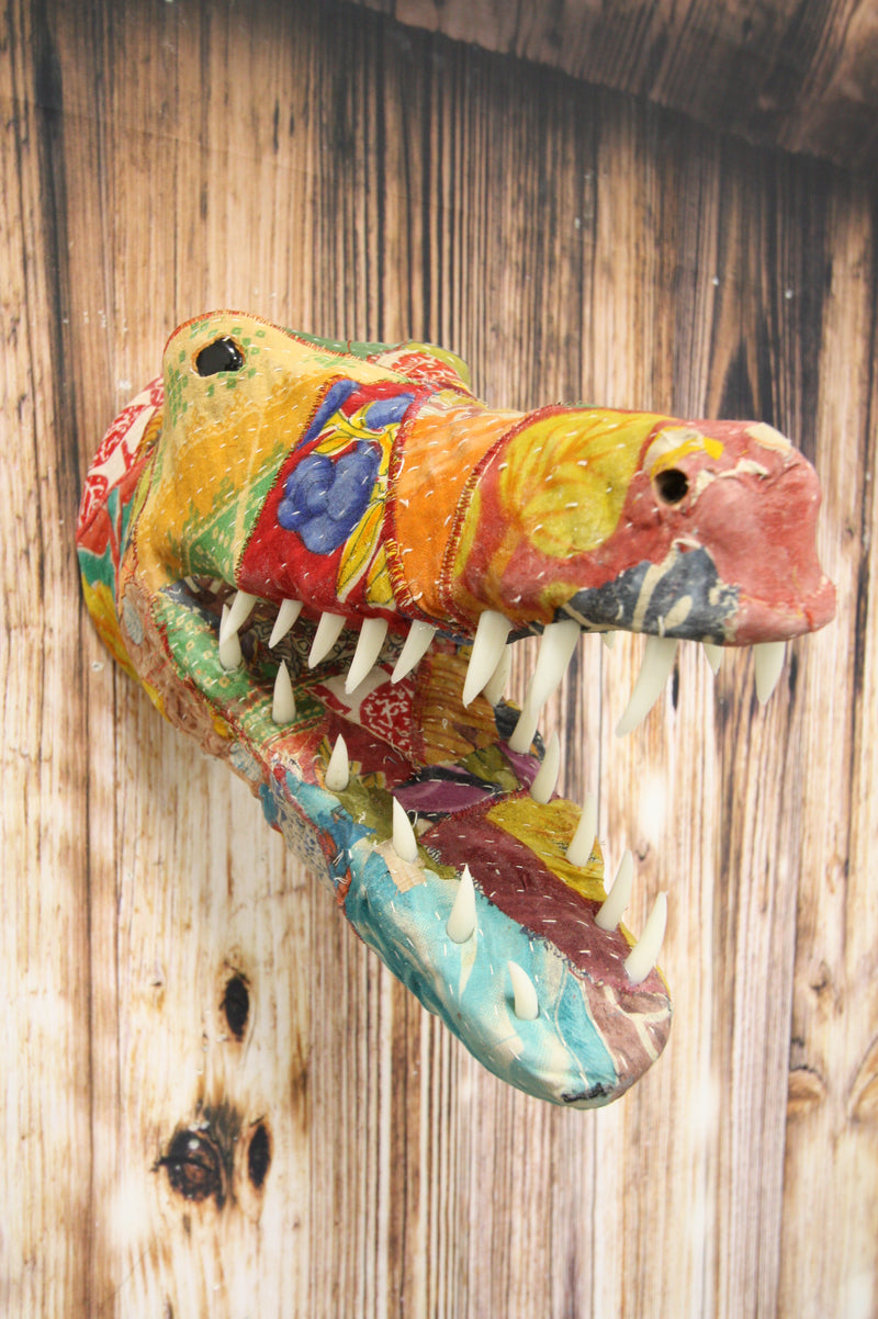 Crocodile Alligator Hand Crafted Paper Mache In Sari Fabric Wall Head Decor