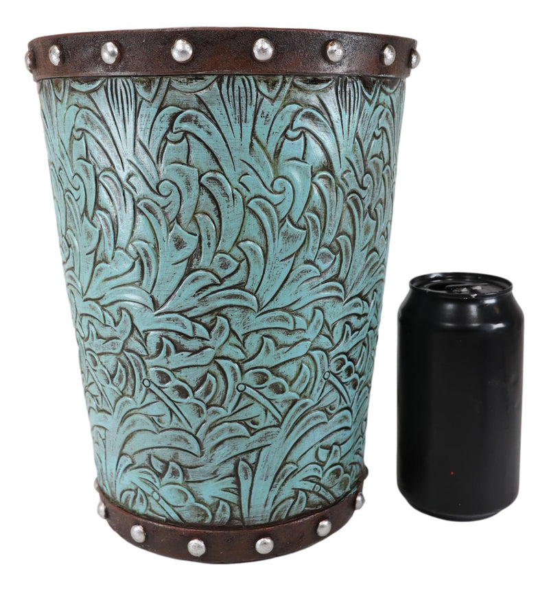 Rustic Western Turquoise Floral Scroll Faux Leather Dry Waste Basket Trash Bin