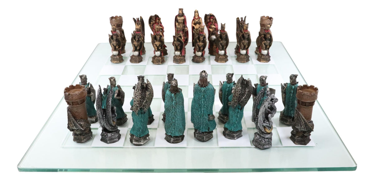 Ebros King Arthur Morgan Merlin Dragons Hand Painted Chess Pieces With Glass Board Set - Ebros Gift