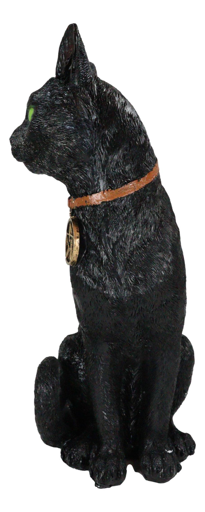 Wicca Witchcraft Green Eyed Moon Black Cat With Pentagram Necklace Figurine