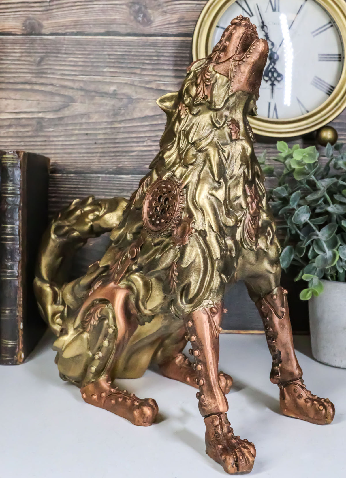 Steampunk Armor Geared Golden Robotic Alpha Wolf Howling At The Moon Statue - Ebros Gift