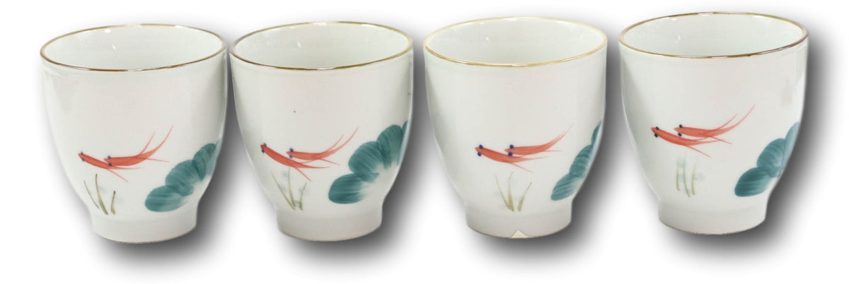 Pack Of 4 Feng Shui Zen Lily Pond With Koi Fishes Pair Ceramic Tea Cups Teacups - Ebros Gift
