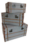 Set Of 3 Stackable Large Wood Vintage Grey Fabric With Leather Trunk Case Boxes