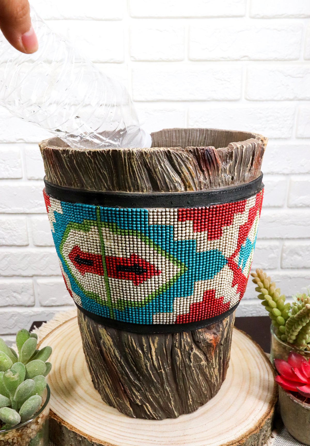 Rustic Western Turquoise Aztec Vector Pattern Faux Wood Waste Basket Trash Bin - Ebros Gift