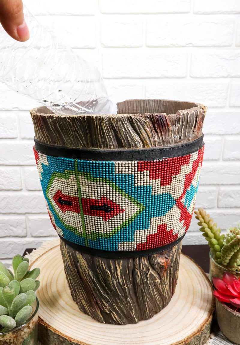 Rustic Western Turquoise Aztec Vector Pattern Faux Wood Waste Basket Trash Bin