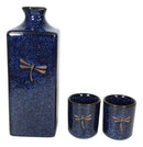 Japanese 14oz Ceramic Midnight Blue Dragonfly Tombo Sake Set Flask With Four Cups