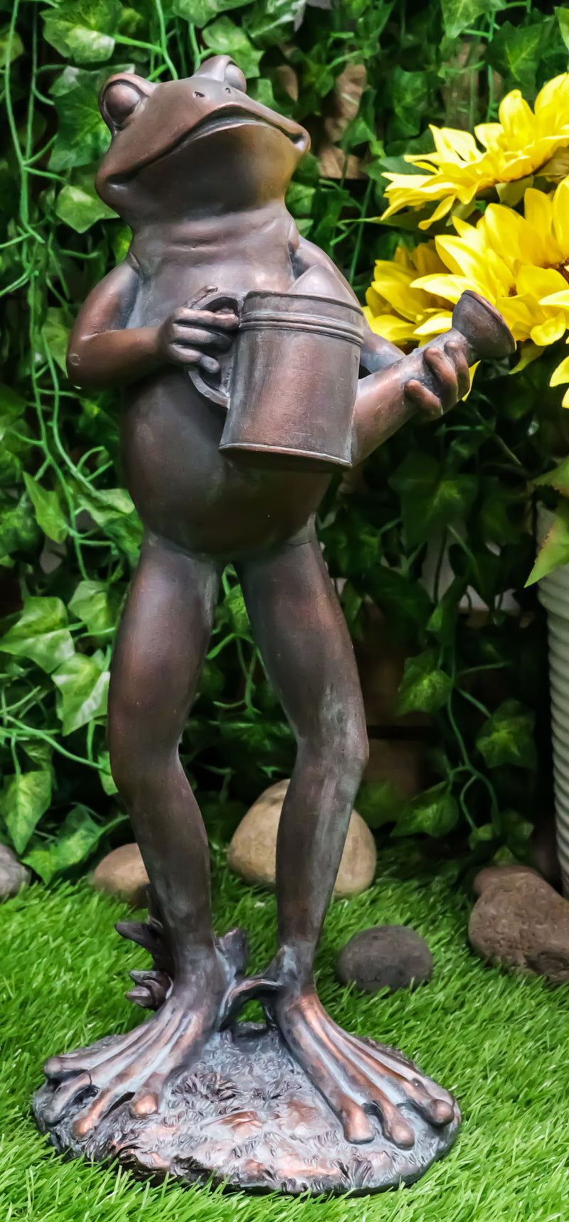 Standing Green Thumb Garden Frog Holding Watering Can Whimsical Decor Statue