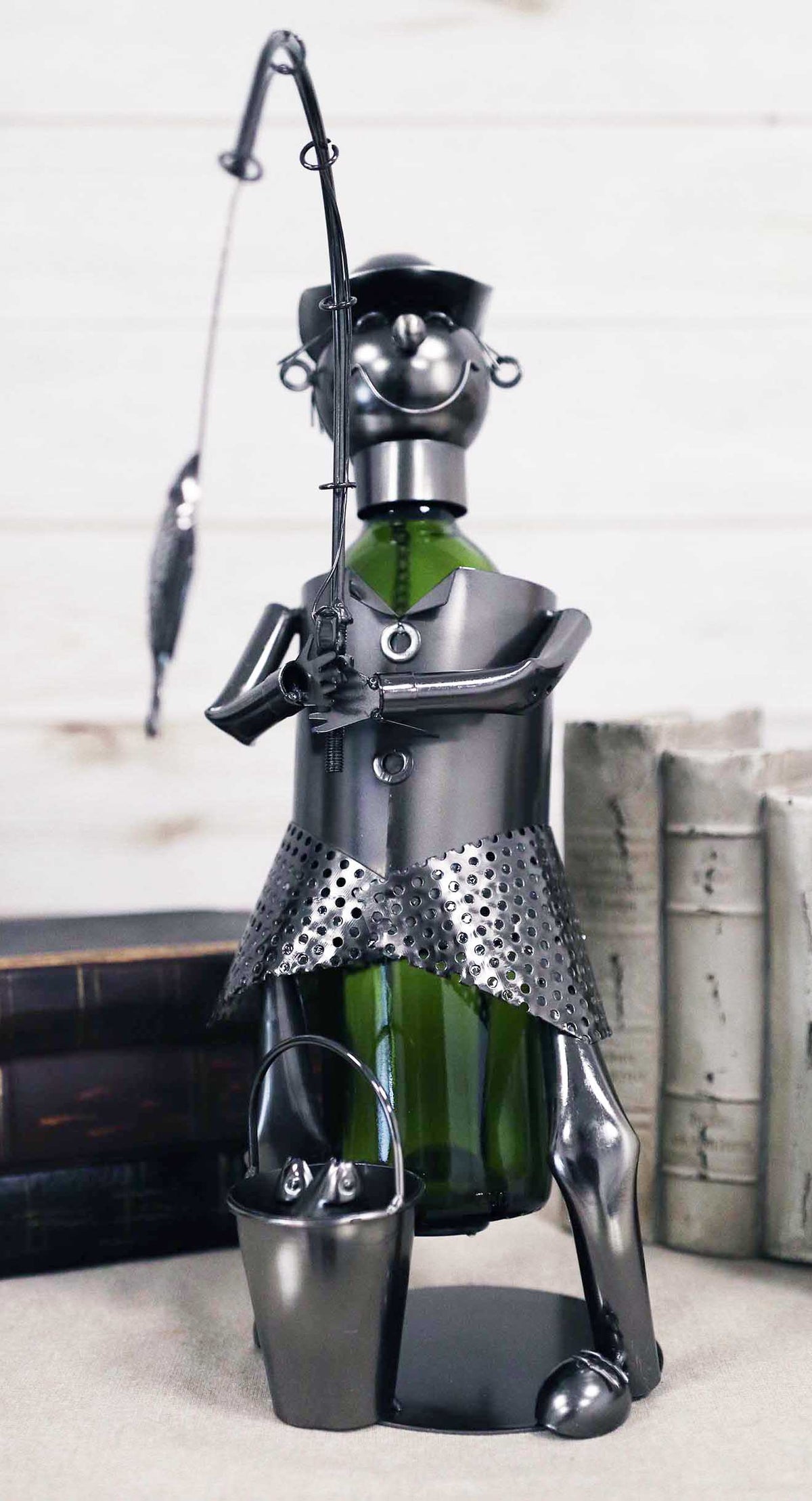 Ebros Camper Fishing Fisherman Catching Fish Hand Made Metal Wine Bottle Holder
