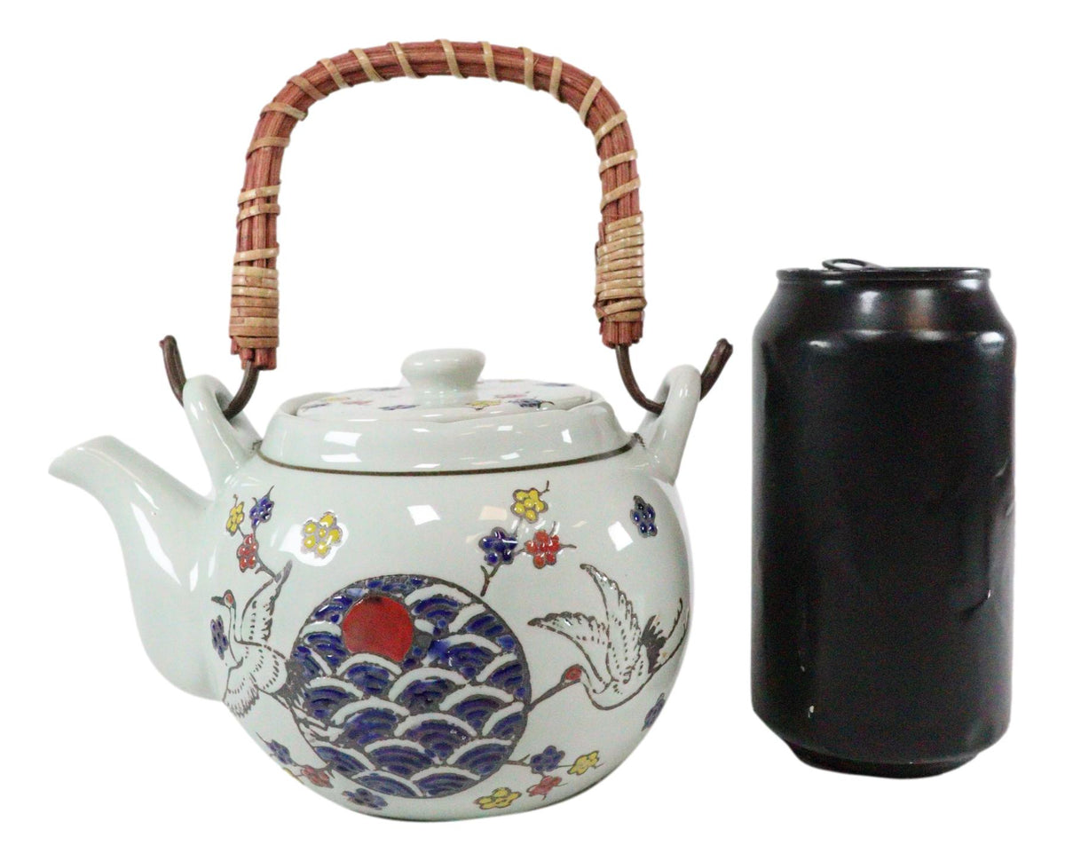 White Storks Cherry Blossom Red Moon Night Sky Ceramic Teapot And 4 Tea Cups Set