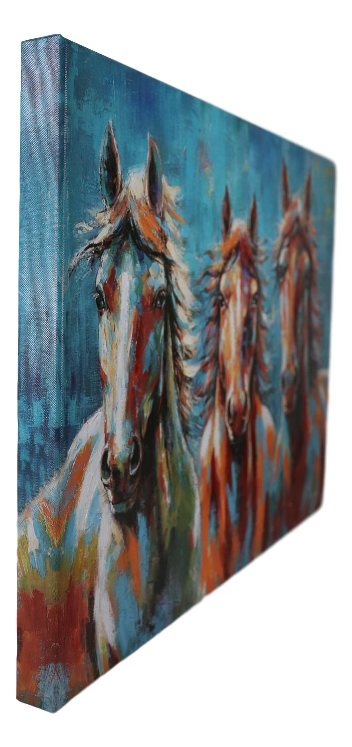 Rustic Country Western Colorful 3 Horses Printed Canvas Picture Wooden Frame 24"X18"