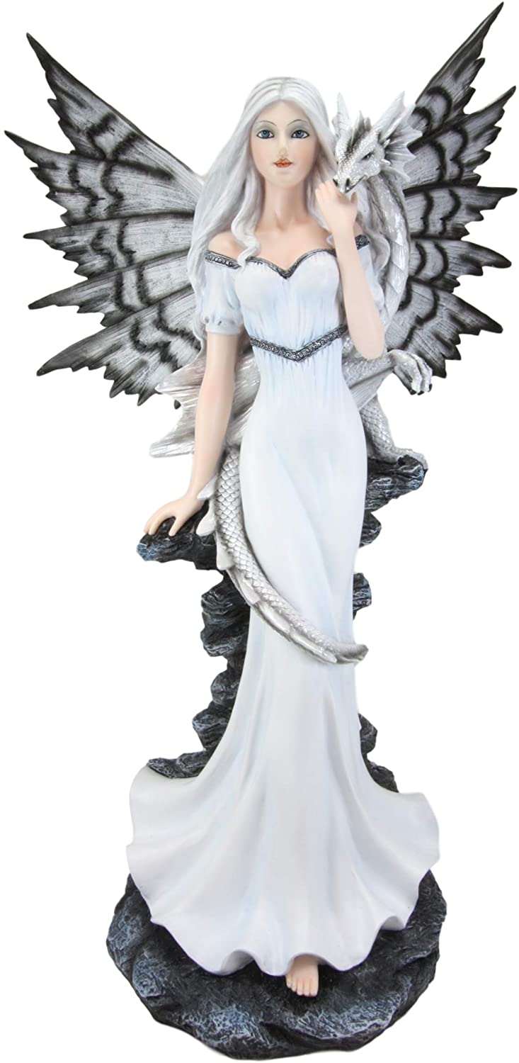 Ebros Large 21" Tall Winter Fairy with Baby Dragon Wyrmling Statue Fantasy Decor
