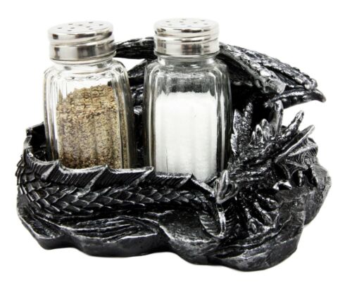 Sleeping Dragon Glass Salt and Pepper Shaker Set with Decorative Holder Display - Ebros Gift