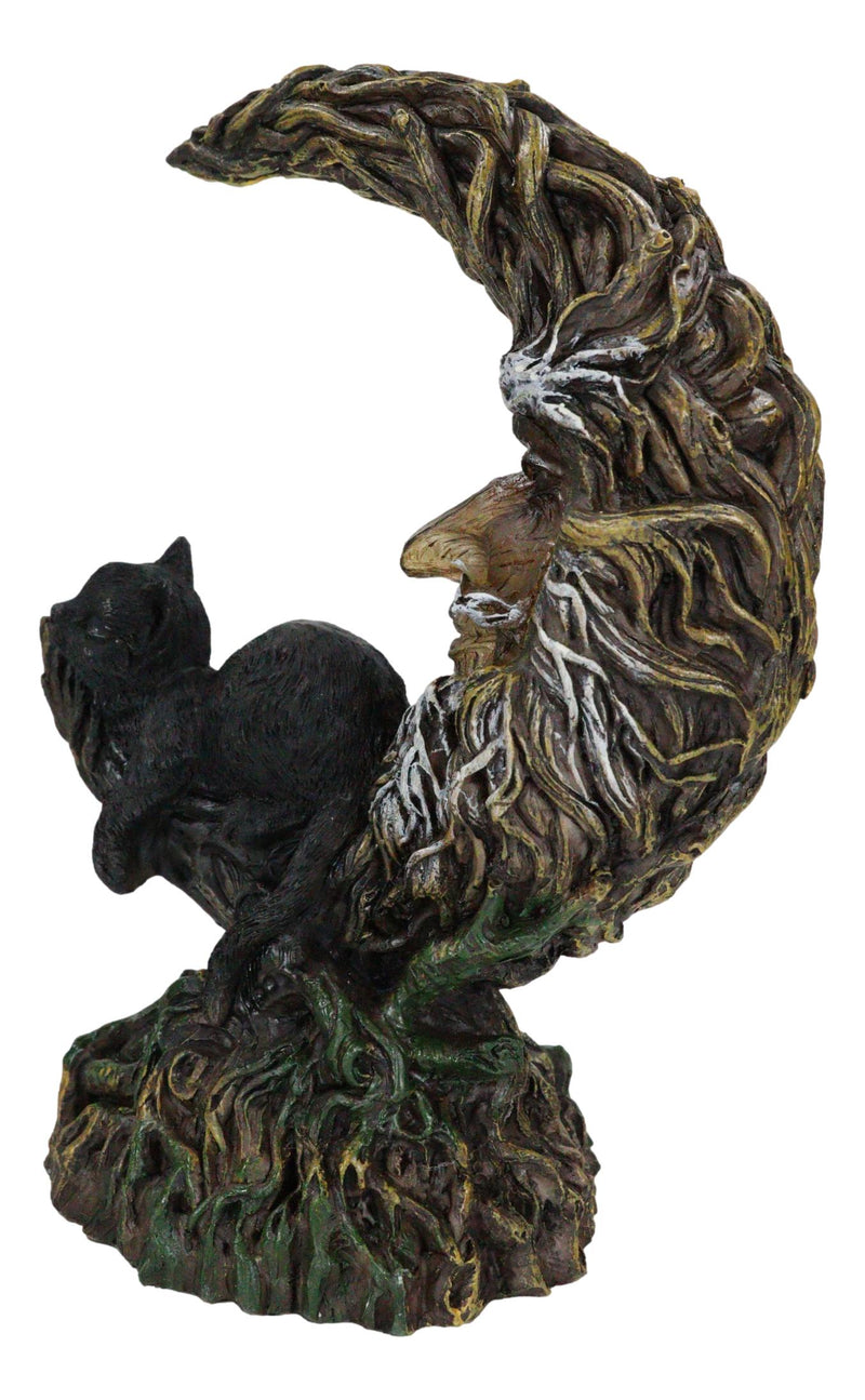 Black Cat Sitting On Crescent Greenman Tree Moon Figurine With LED Night Light