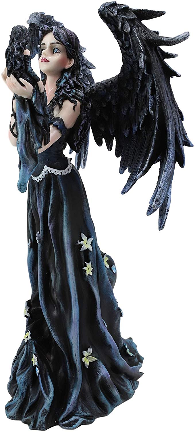 Ebros Gothic Raven Crow Angel in Black Floral Gown Statue 11.5" Tall Nene Thomas