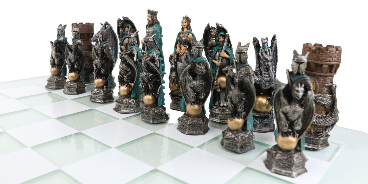Ebros King Arthur Morgan Merlin Dragons Hand Painted Chess Pieces With Glass Board Set - Ebros Gift