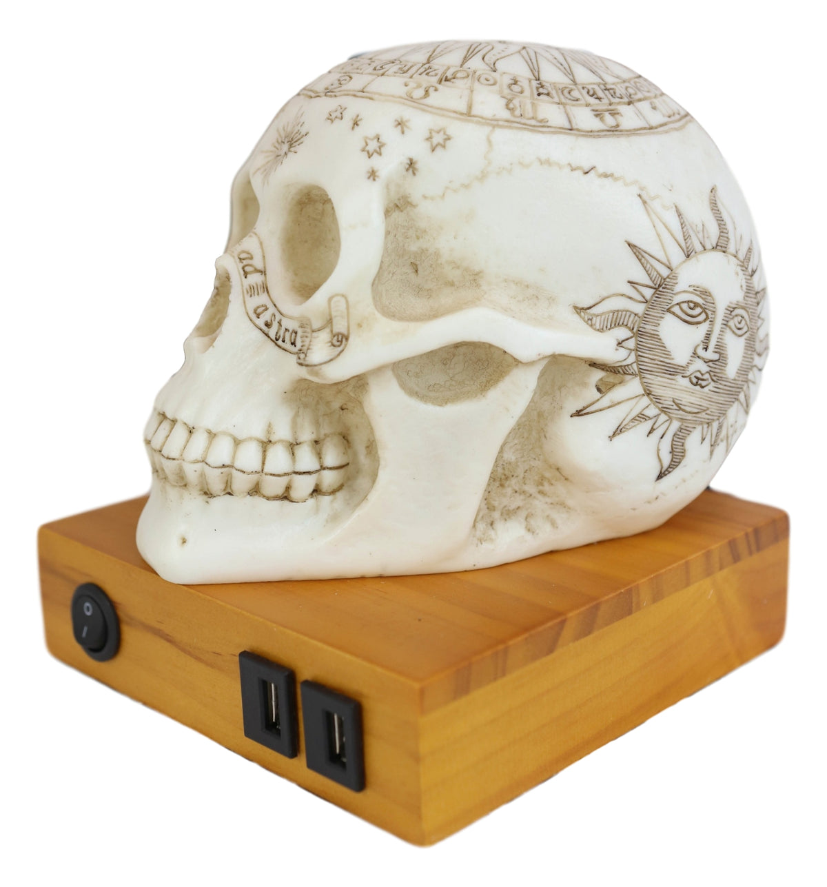 Wicca Astrology Zodiac Skull LED Night Light Statue With USB Charging Wood Base