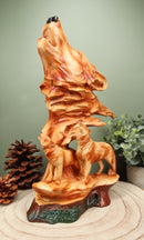 Faux Wood Three Howling Wolves Rocky Wildlife Scene Statue Timber Wolves Decor