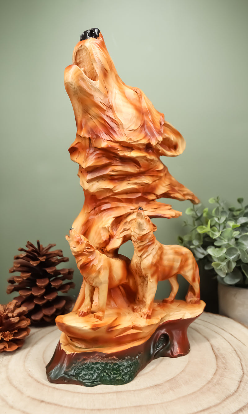 Faux Wood Three Howling Wolves Rocky Wildlife Scene Statue Timber Wolves Decor