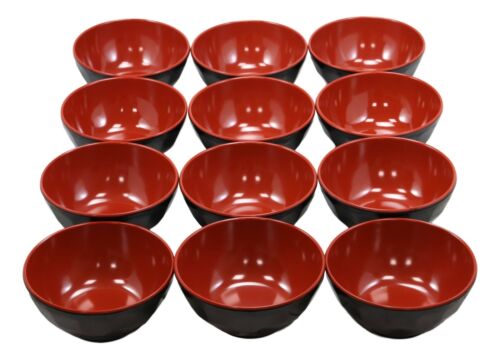 Contemporary Ridged Red Black Melamine Small 8oz Rice Miso Soup Bowl Set Of 12